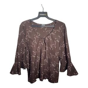 VAMP Womens Blouse Brown Embroidered Bell Sleeve Cottagecore Size Large